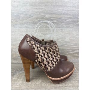 Ugg Fatima Woven Brown Leather Women’s Sz 7.5 Inside Zip Platform Heeled Shoes